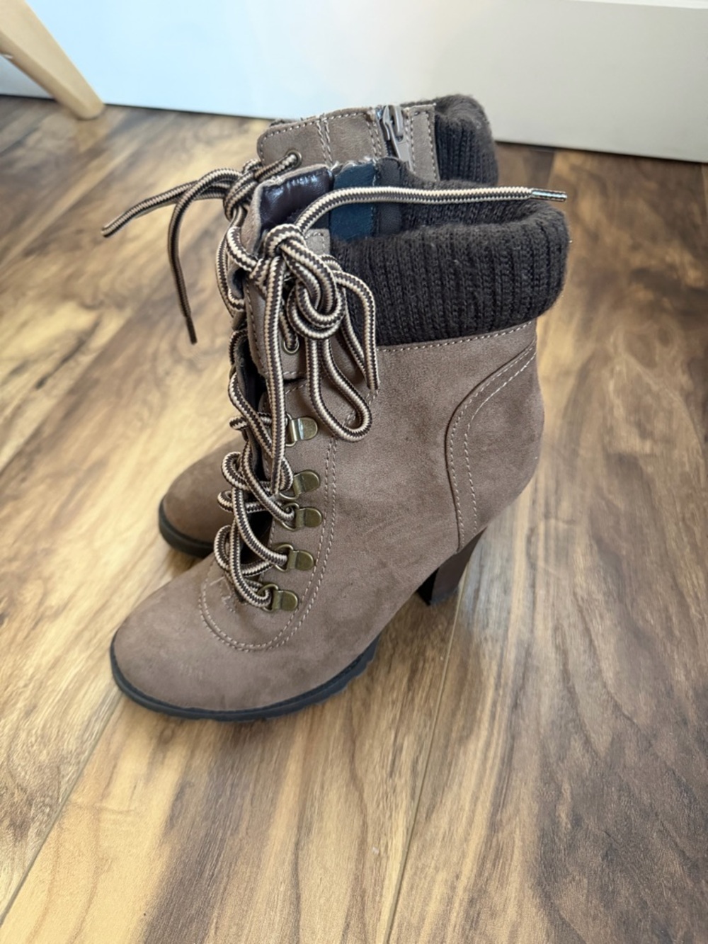 Taupe Lace-Up Heeled Ankle Boots